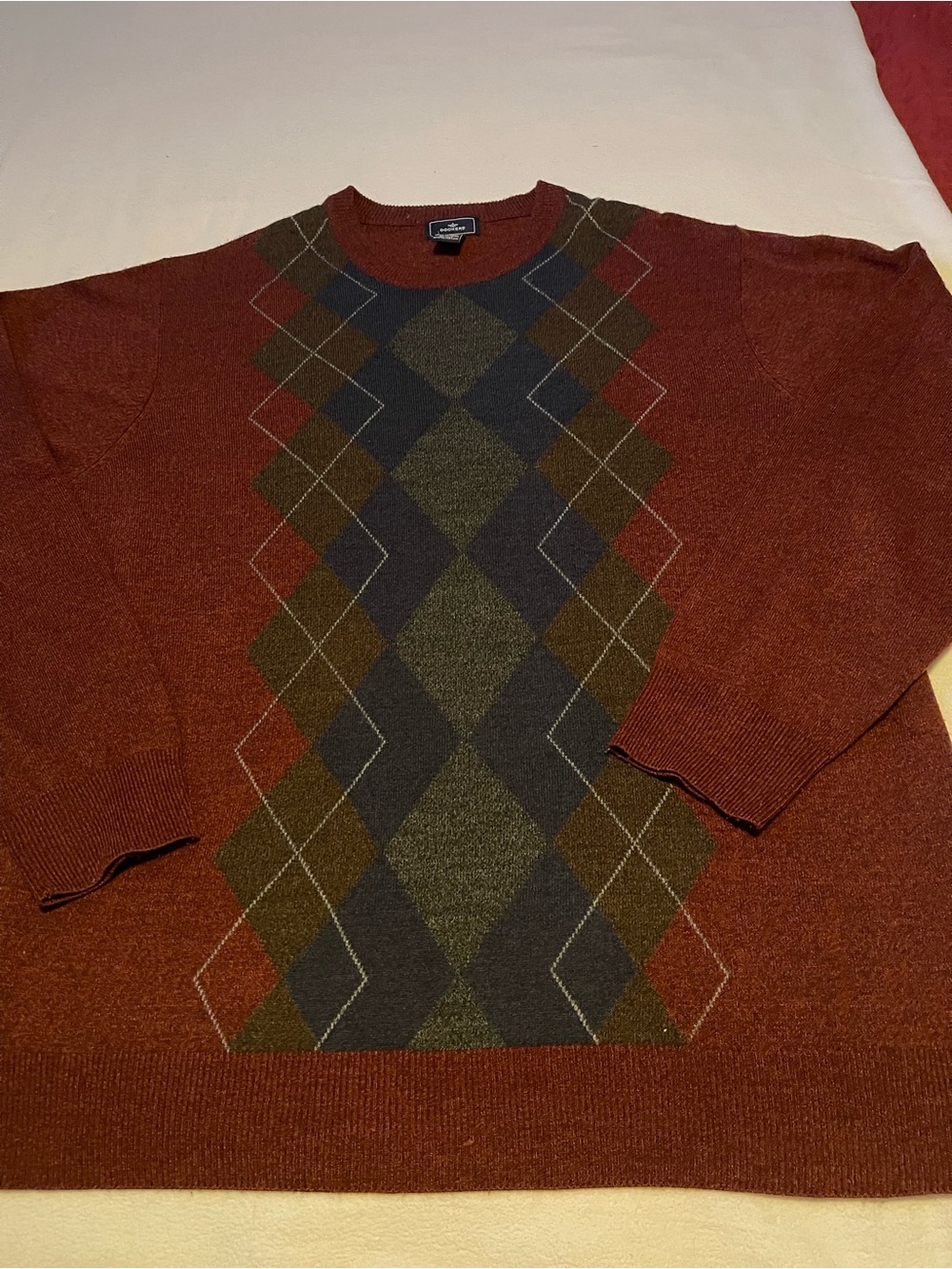 Dockers Men's Rust Crewneck Sweater with Argyle Front